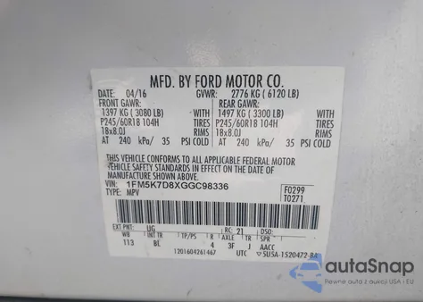 2016 Ford Explorer Xlt z USA, uszkodzony, nr VIN 1FM5K7D8XGGC98336